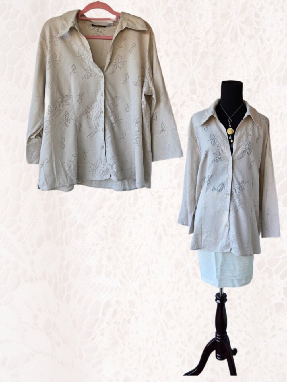 Harve Benard Oatmeal Linen Blend Rose Blouse Boho Cottage Office Casual Size 2X